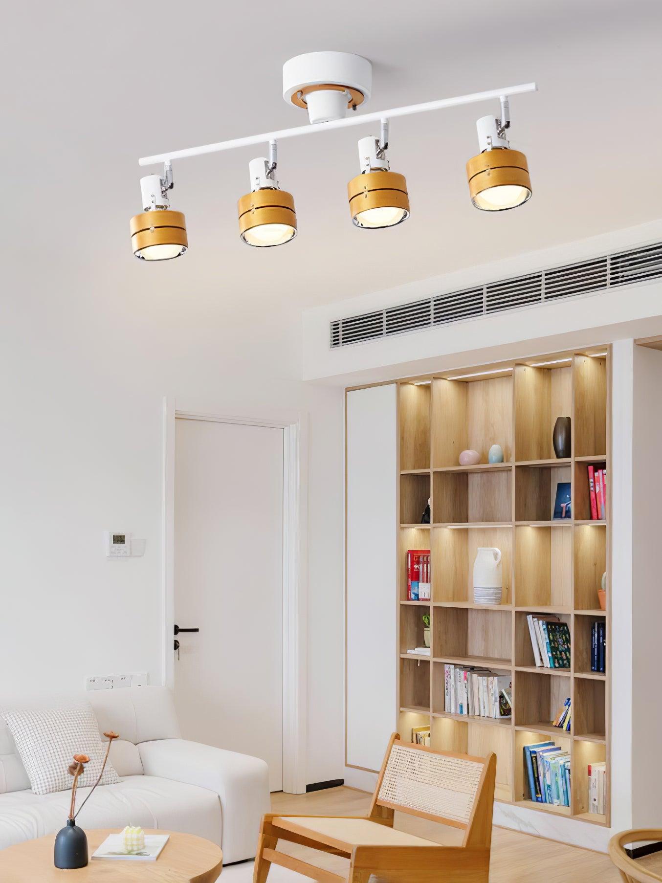 Modern 4 Light Adjustable Wooden Spot Ceiling Lamp with Oak Walnut Finish for Interior Decor