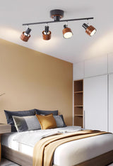Modern 4 Light Adjustable Wooden Spot Ceiling Lamp with Oak Walnut Finish for Interior Decor
