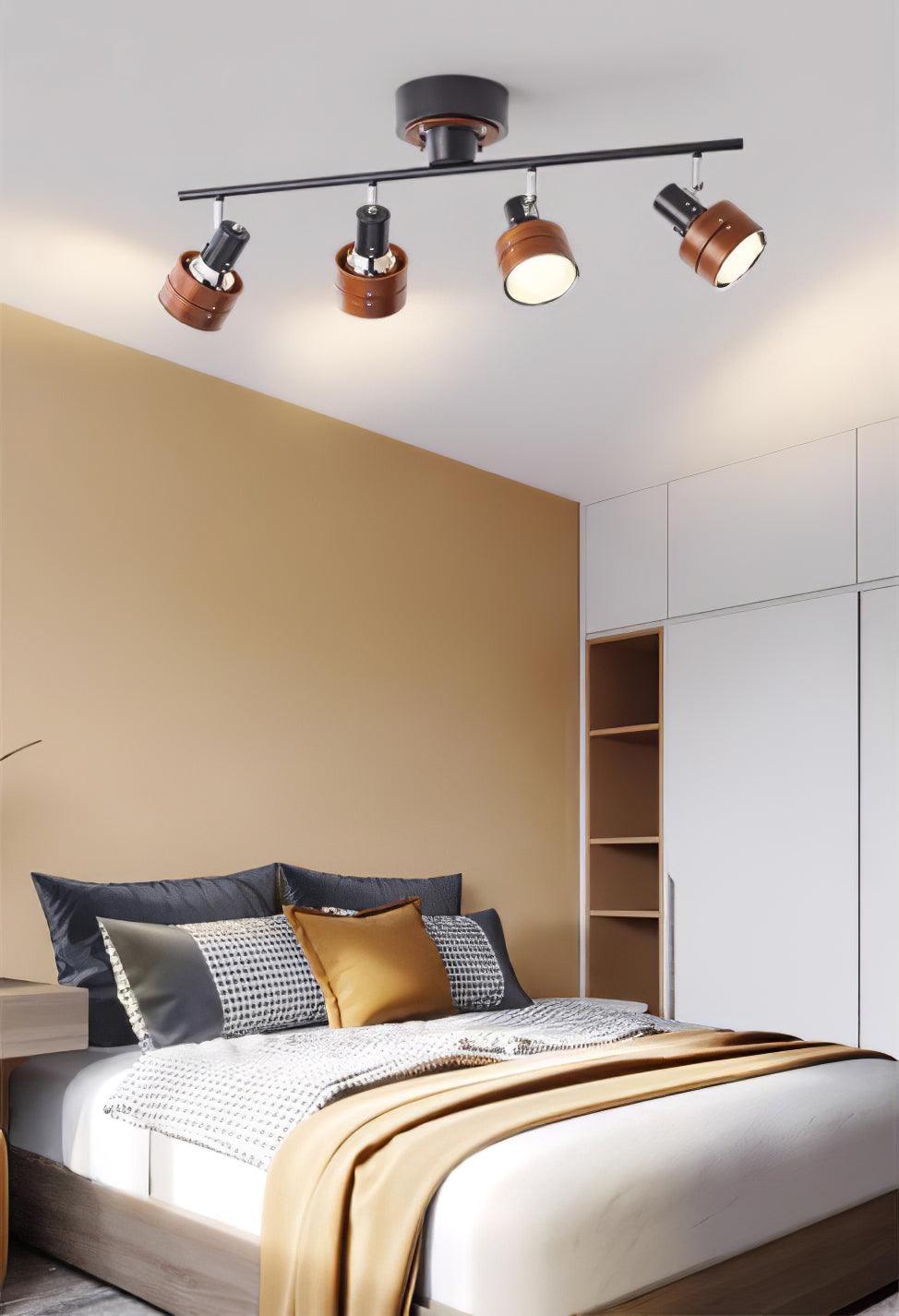 Modern 4 Light Adjustable Wooden Spot Ceiling Lamp with Oak Walnut Finish for Interior Decor