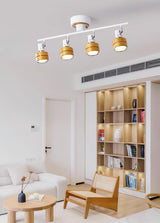 Modern 4 Light Adjustable Wooden Spot Ceiling Lamp with Oak Walnut Finish for Interior Decor
