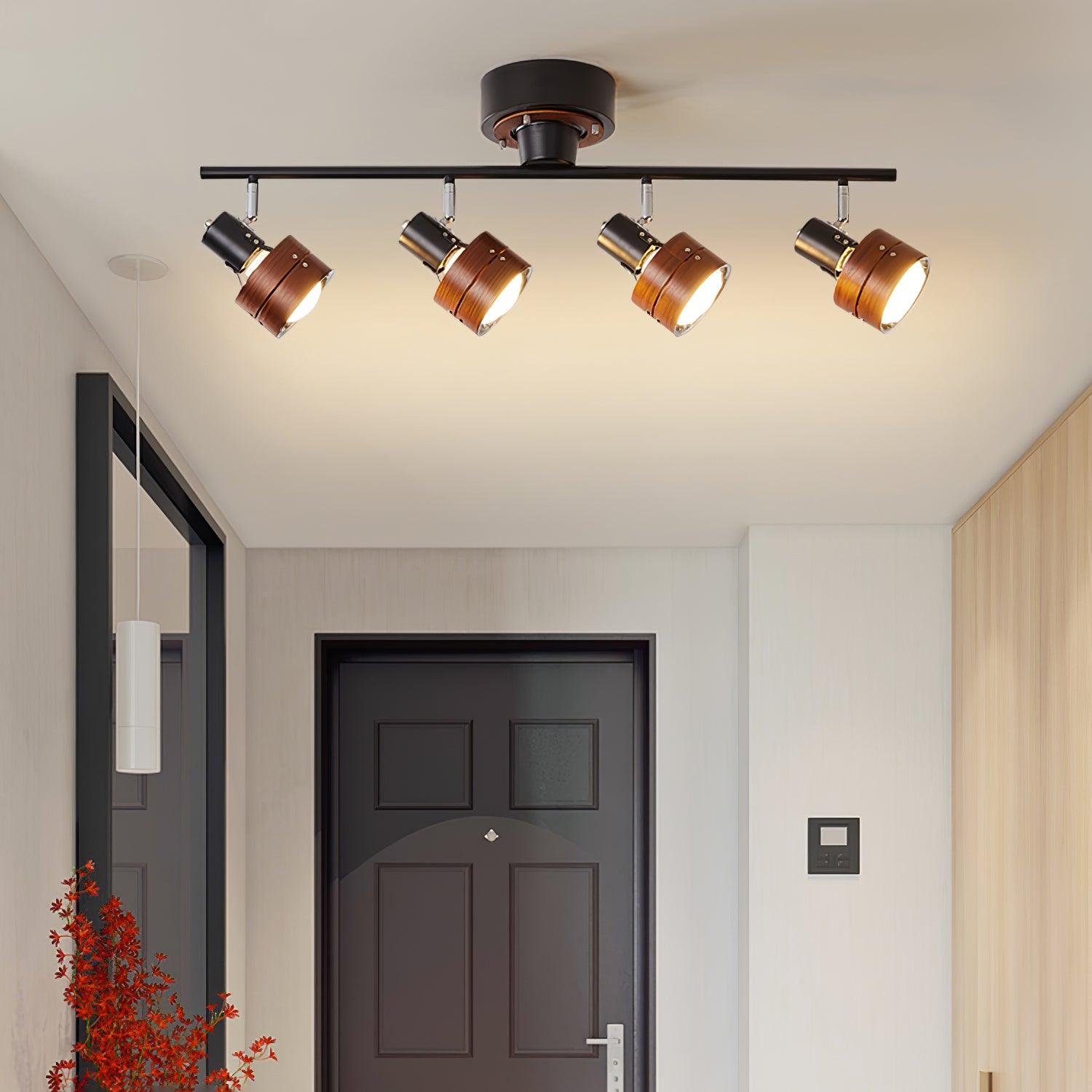 Modern 4 Light Adjustable Wooden Spot Ceiling Lamp with Oak Walnut Finish for Interior Decor