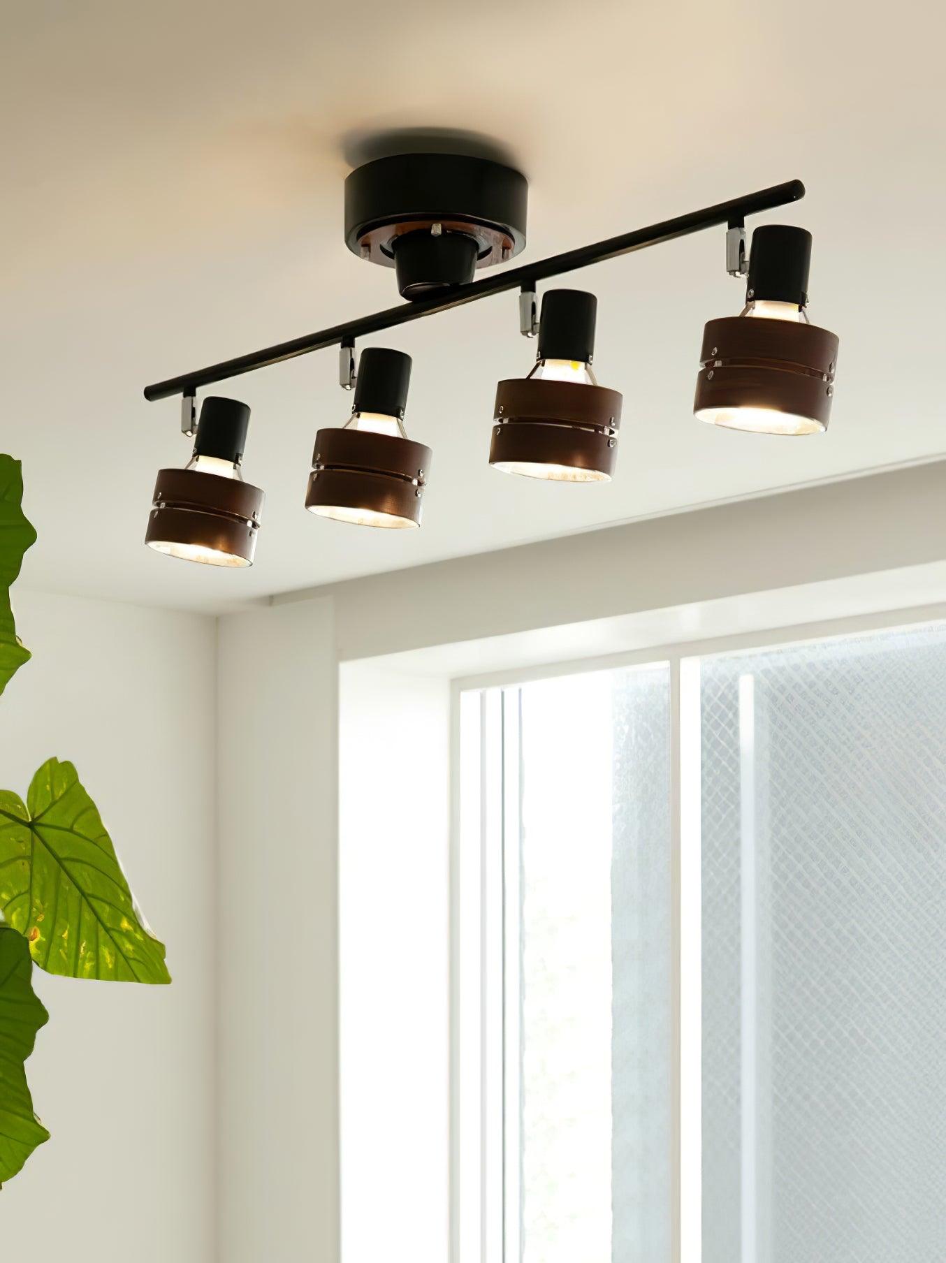 Modern 4 Light Adjustable Wooden Spot Ceiling Lamp with Oak Walnut Finish for Interior Decor