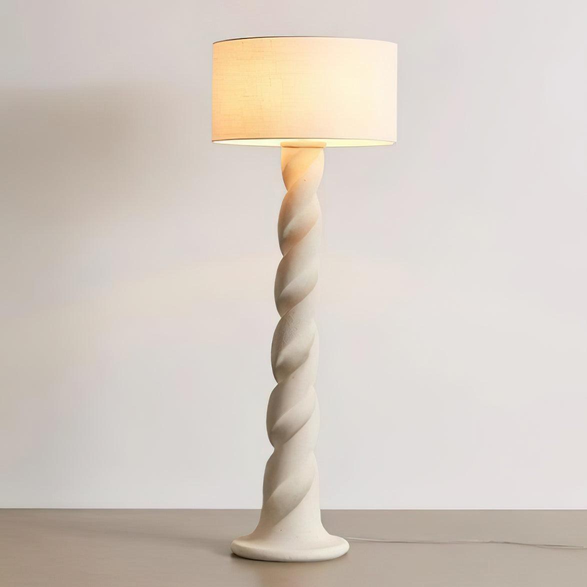Modern Sculptural Twisted Resin Floor Lamp with White Fabric Drum Shade