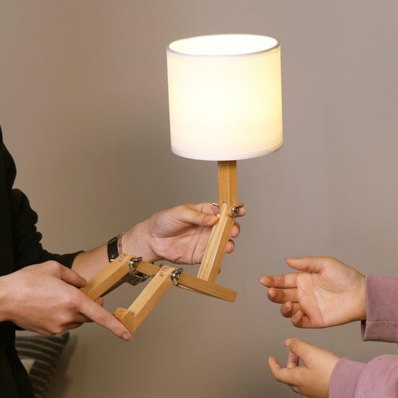Creative Wooden Sitting Robot Table Lamp with Adjustable Poses and Fabric Drum Shade
