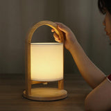 Modern Rubber Wood Portable Lantern Table Lamp Cordless Battery Operated Accent Light with Linen Shade
