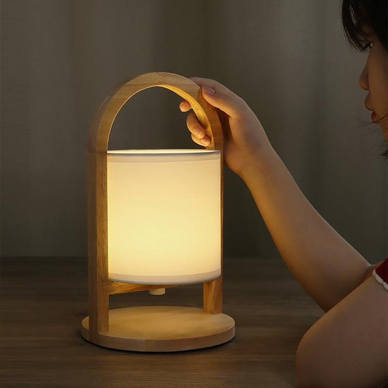Modern Rubber Wood Portable Lantern Table Lamp Cordless Battery Operated Accent Light with Linen Shade