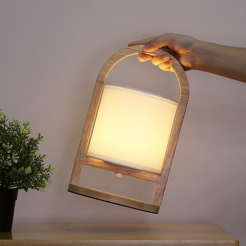 Modern Rubber Wood Portable Lantern Table Lamp Cordless Battery Operated Accent Light with Linen Shade