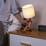 Creative Wooden Sitting Robot Table Lamp with Adjustable Poses and Fabric Drum Shade