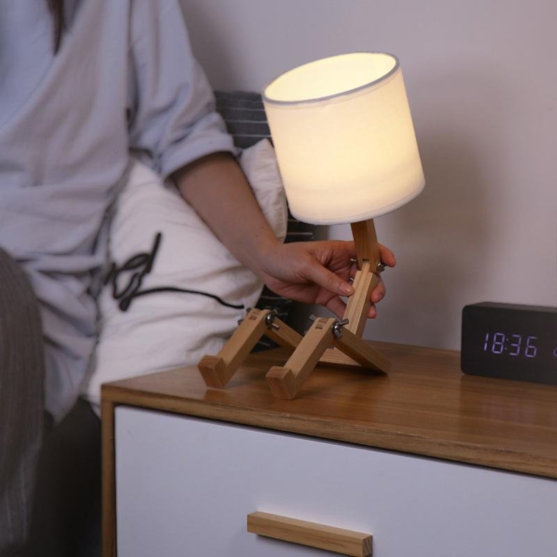 Creative Wooden Sitting Robot Table Lamp with Adjustable Poses and Fabric Drum Shade