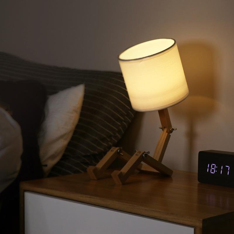 Creative Wooden Sitting Robot Table Lamp with Adjustable Poses and Fabric Drum Shade