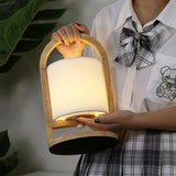 Modern Rubber Wood Portable Lantern Table Lamp Cordless Battery Operated Accent Light with Linen Shade