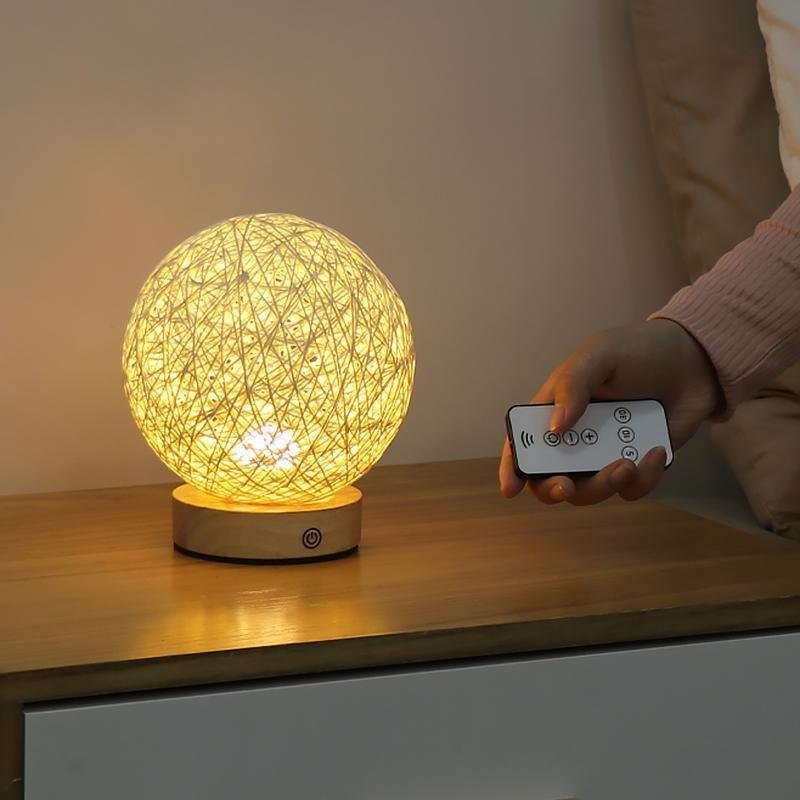 Rustic 6 Inch Global Natural Rattan Wicker Table Lamp with LED Light and Wooden Base for Bedroom and Living Room
