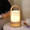 Modern Rubber Wood Portable Lantern Table Lamp Cordless Battery Operated Accent Light with Linen Shade