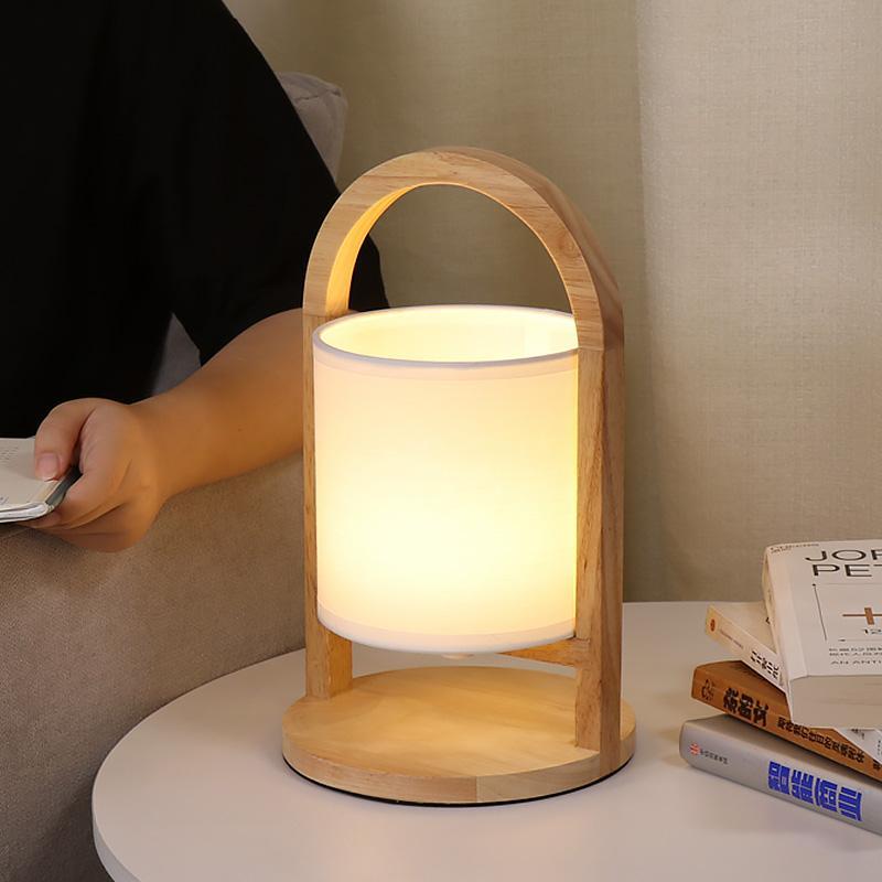 Modern Rubber Wood Portable Lantern Table Lamp Cordless Battery Operated Accent Light with Linen Shade