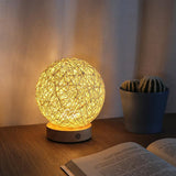 Rustic 6 Inch Global Natural Rattan Wicker Table Lamp with LED Light and Wooden Base for Bedroom and Living Room