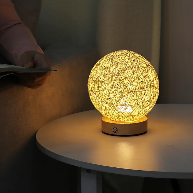 Rustic 6 Inch Global Natural Rattan Wicker Table Lamp with LED Light and Wooden Base for Bedroom and Living Room