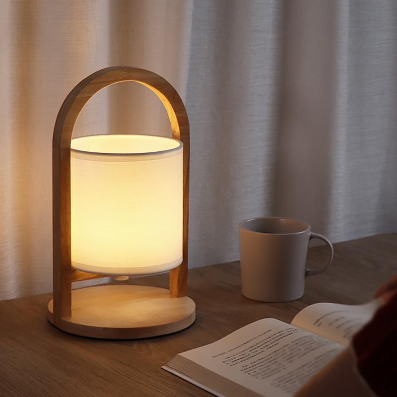 Modern Rubber Wood Portable Lantern Table Lamp Cordless Battery Operated Accent Light with Linen Shade