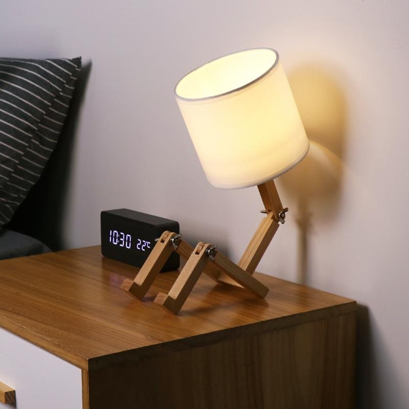 Creative Wooden Sitting Robot Table Lamp with Adjustable Poses and Fabric Drum Shade