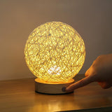 Rustic 6 Inch Global Natural Rattan Wicker Table Lamp with LED Light and Wooden Base for Bedroom and Living Room