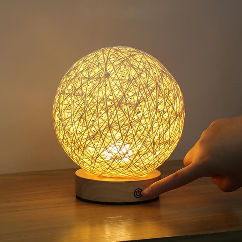 Rustic 6 Inch Global Natural Rattan Wicker Table Lamp with LED Light and Wooden Base for Bedroom and Living Room