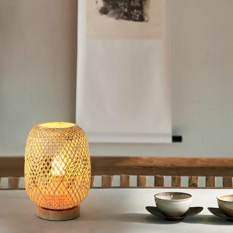 Japanese Hand Woven Rattan Table Lamp for Boho Bedroom Decor and Warm Ambient Lighting