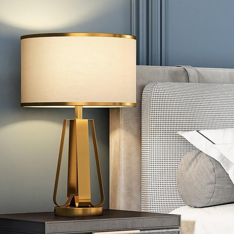 22 Inch Mid Century Modern Brushed Brass Geometric Table Lamp with White Linen Shade