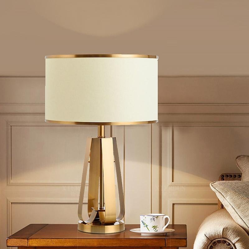 22 Inch Mid Century Modern Brushed Brass Geometric Table Lamp with White Linen Shade