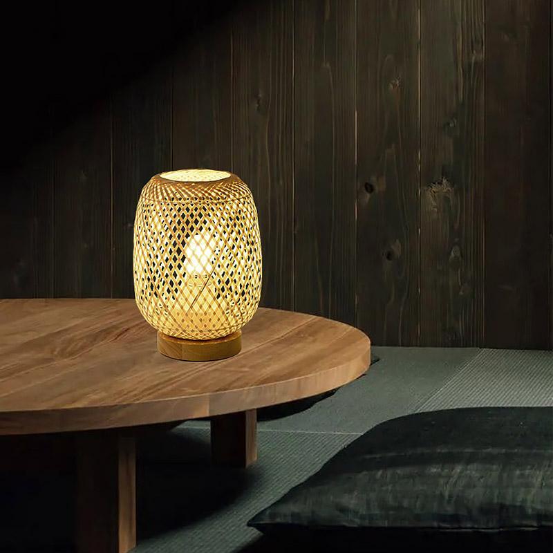 Japanese Hand Woven Rattan Table Lamp for Boho Bedroom Decor and Warm Ambient Lighting