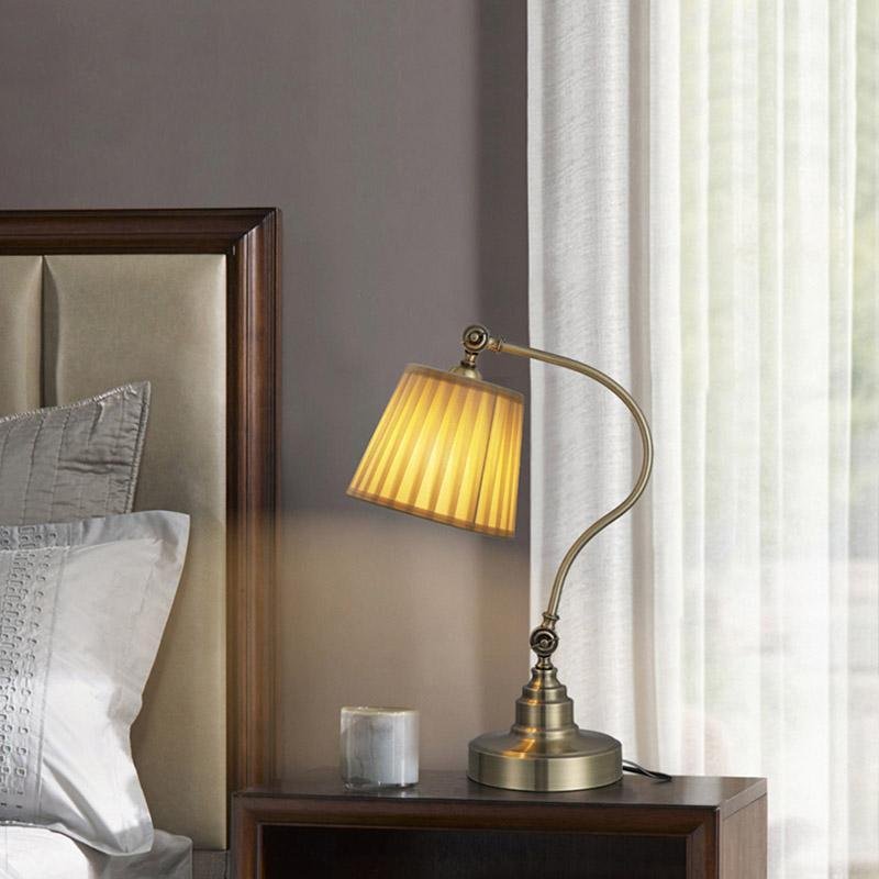 Modern Arched Metal Desk Lamp with Empire Pleated Linen Shade and Adjustable Arm