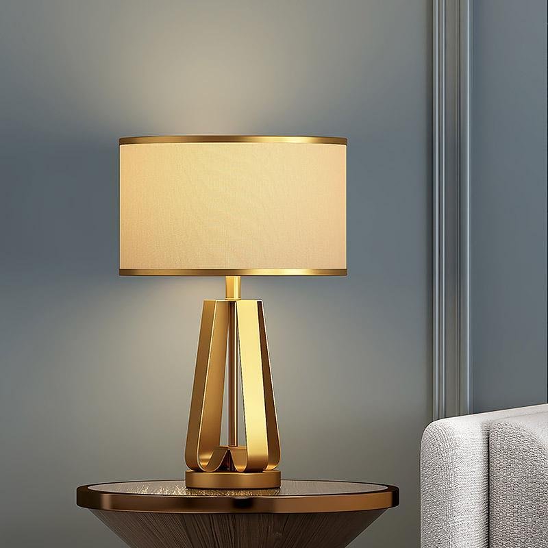 22 Inch Mid Century Modern Brushed Brass Geometric Table Lamp with White Linen Shade