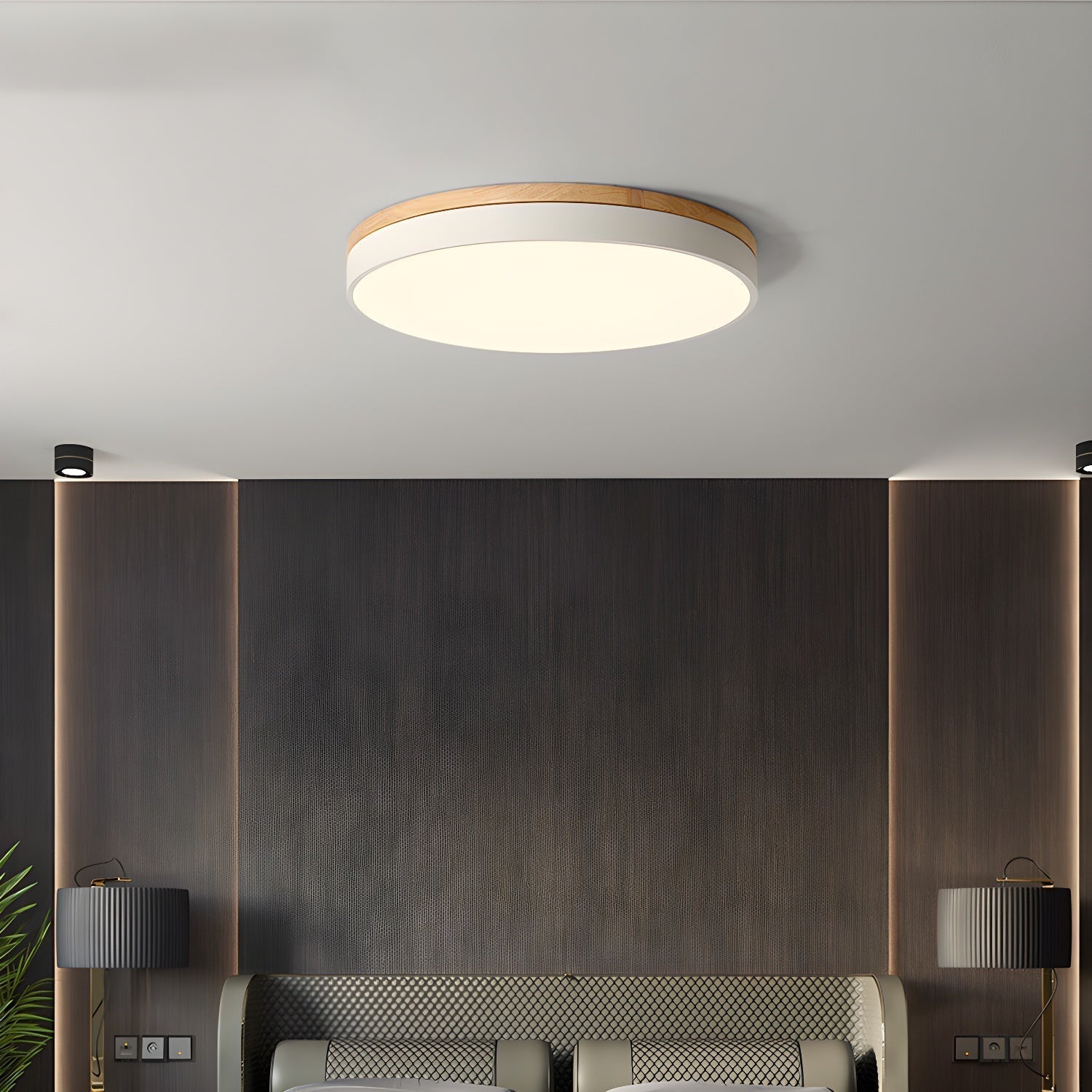 Modern Circular Wood LED Flush Mount Ceiling Lamp for Living Room and Bedroom