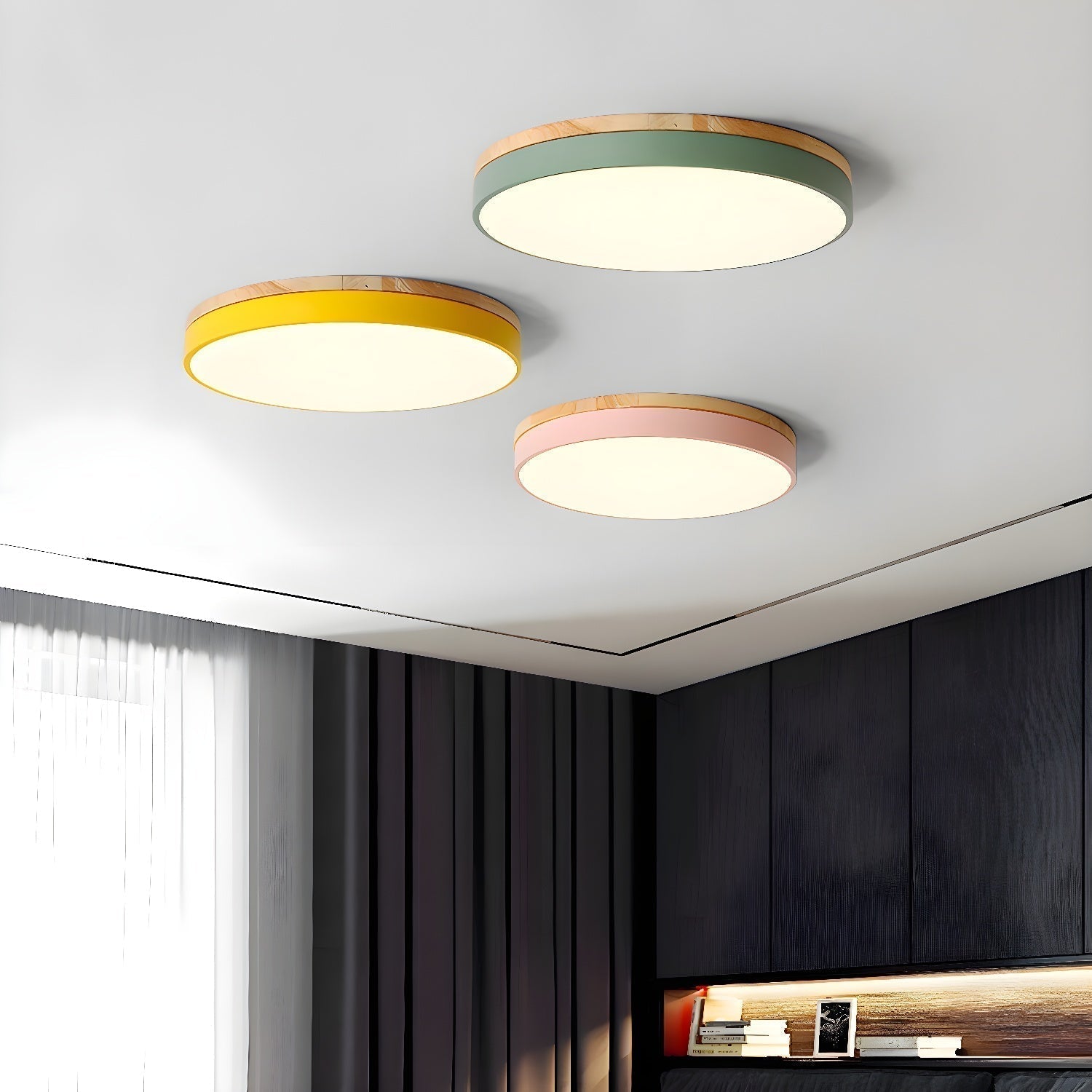 Modern Circular Wood LED Flush Mount Ceiling Lamp for Living Room and Bedroom