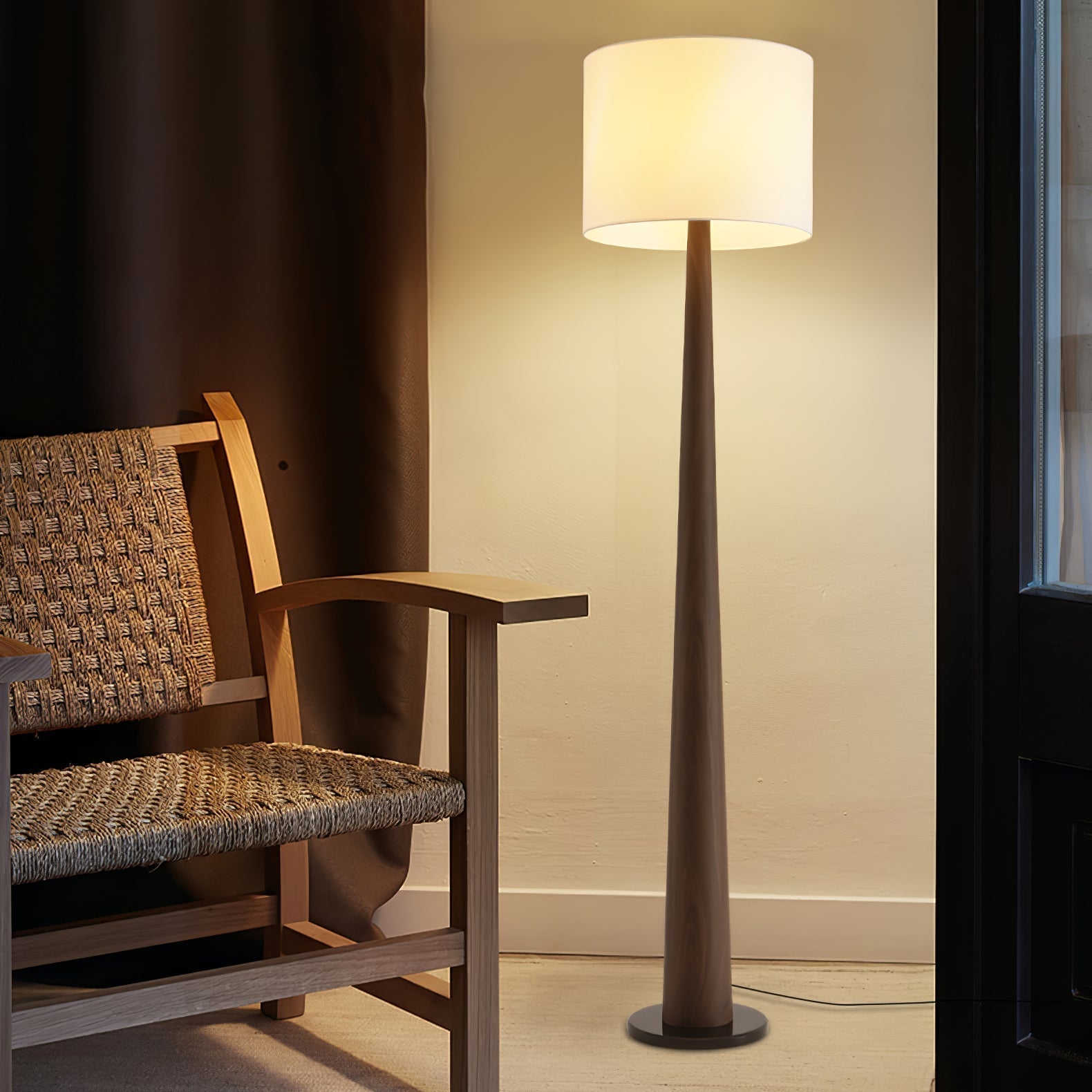 Zhanming Modern Wooden Floor Lamp with Marble Base and Tall Fabric Shade Uplight