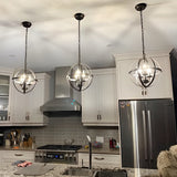 Adjustable Iron Round Lantern Chandelier Industrial Style Black Metal Pendant Light for Modern Living Room