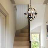 Adjustable Iron Round Lantern Chandelier Industrial Style Black Metal Pendant Light for Modern Living Room