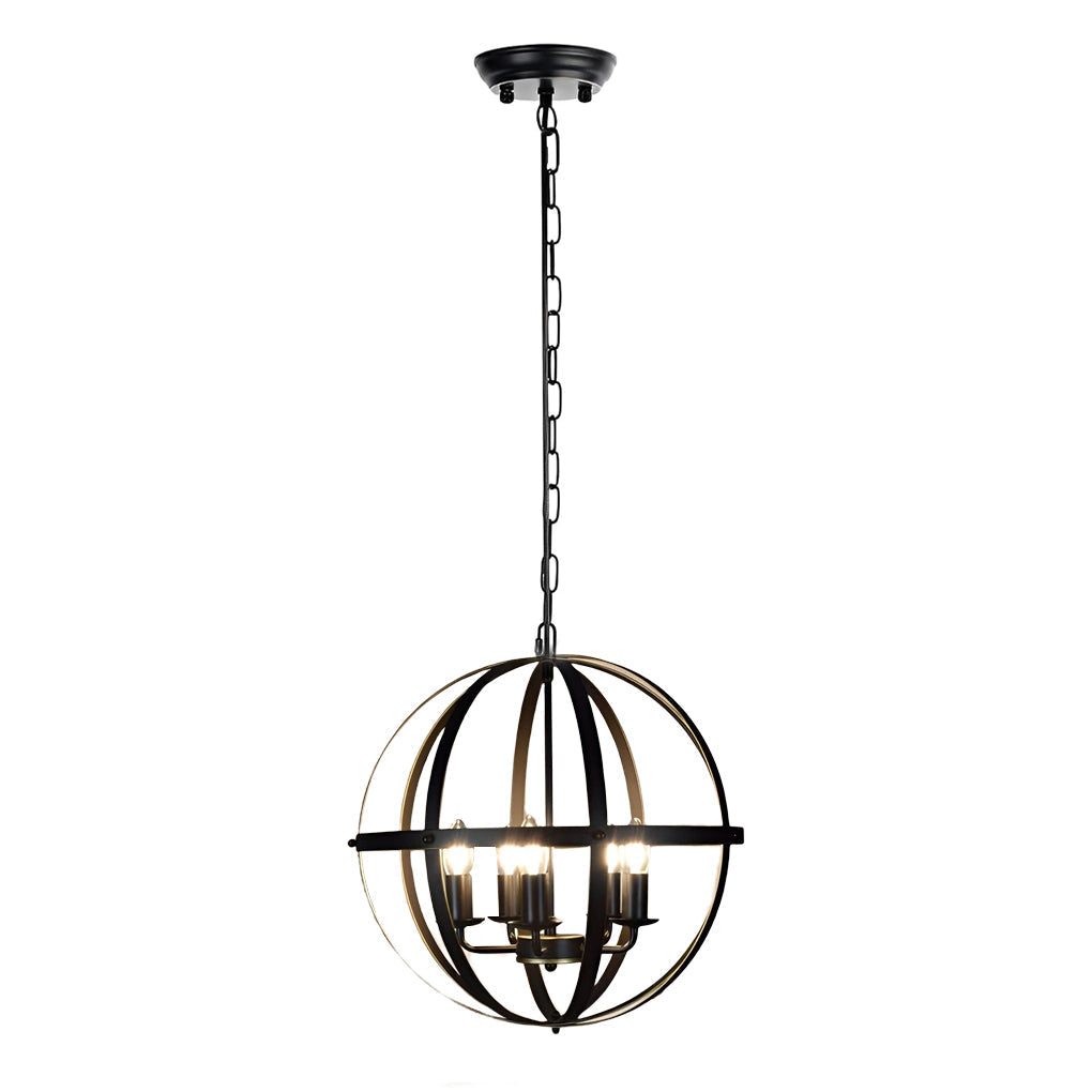 Adjustable Iron Round Lantern Chandelier Industrial Style Black Metal Pendant Light for Modern Living Room