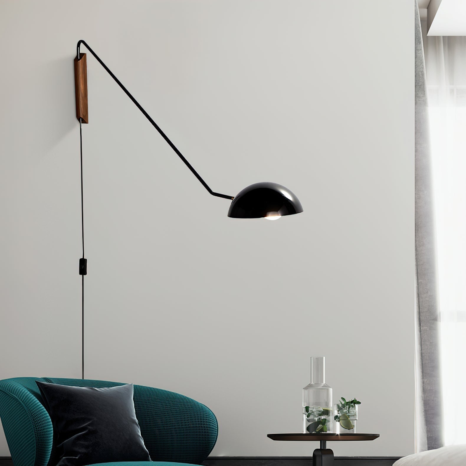 Adjustable Modern Swing Arm Wall Sconce with Dome Shade and Wooden Bracket Plug In Light