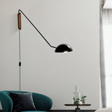 Adjustable Modern Swing Arm Wall Sconce with Dome Shade and Wooden Bracket Plug In Light