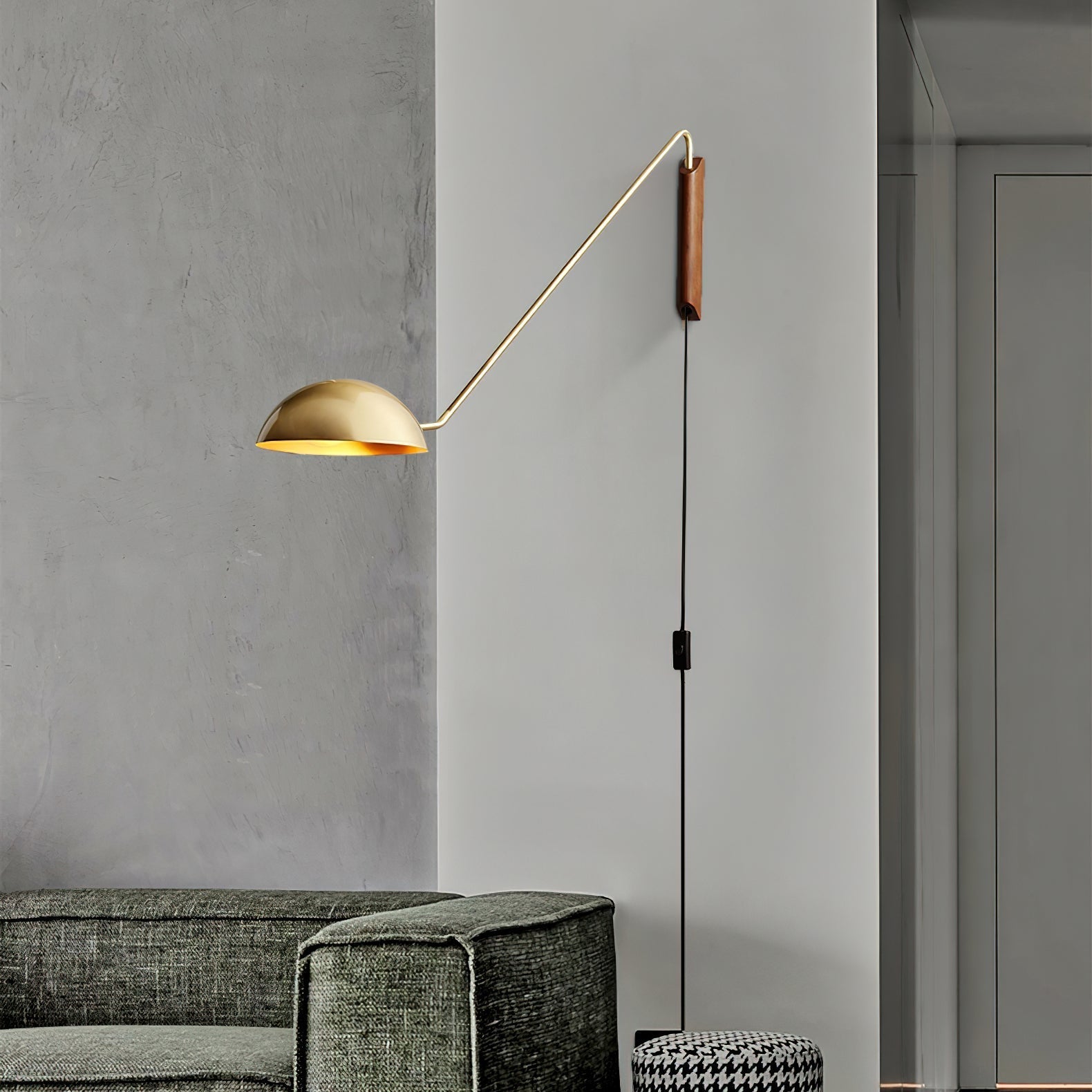 Adjustable Modern Swing Arm Wall Sconce with Dome Shade and Wooden Bracket Plug In Light
