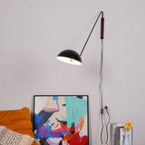 Adjustable Modern Swing Arm Wall Sconce with Dome Shade and Wooden Bracket Plug In Light