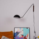 Adjustable Modern Swing Arm Wall Sconce with Dome Shade and Wooden Bracket Plug In Light