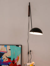 Adjustable Modern Swing Arm Wall Sconce with Dome Shade and Wooden Bracket Plug In Light
