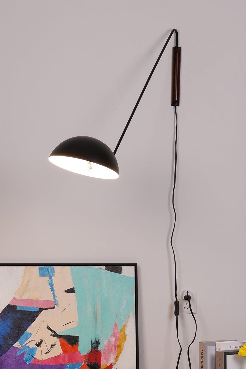 Adjustable Modern Swing Arm Wall Sconce with Dome Shade and Wooden Bracket Plug In Light