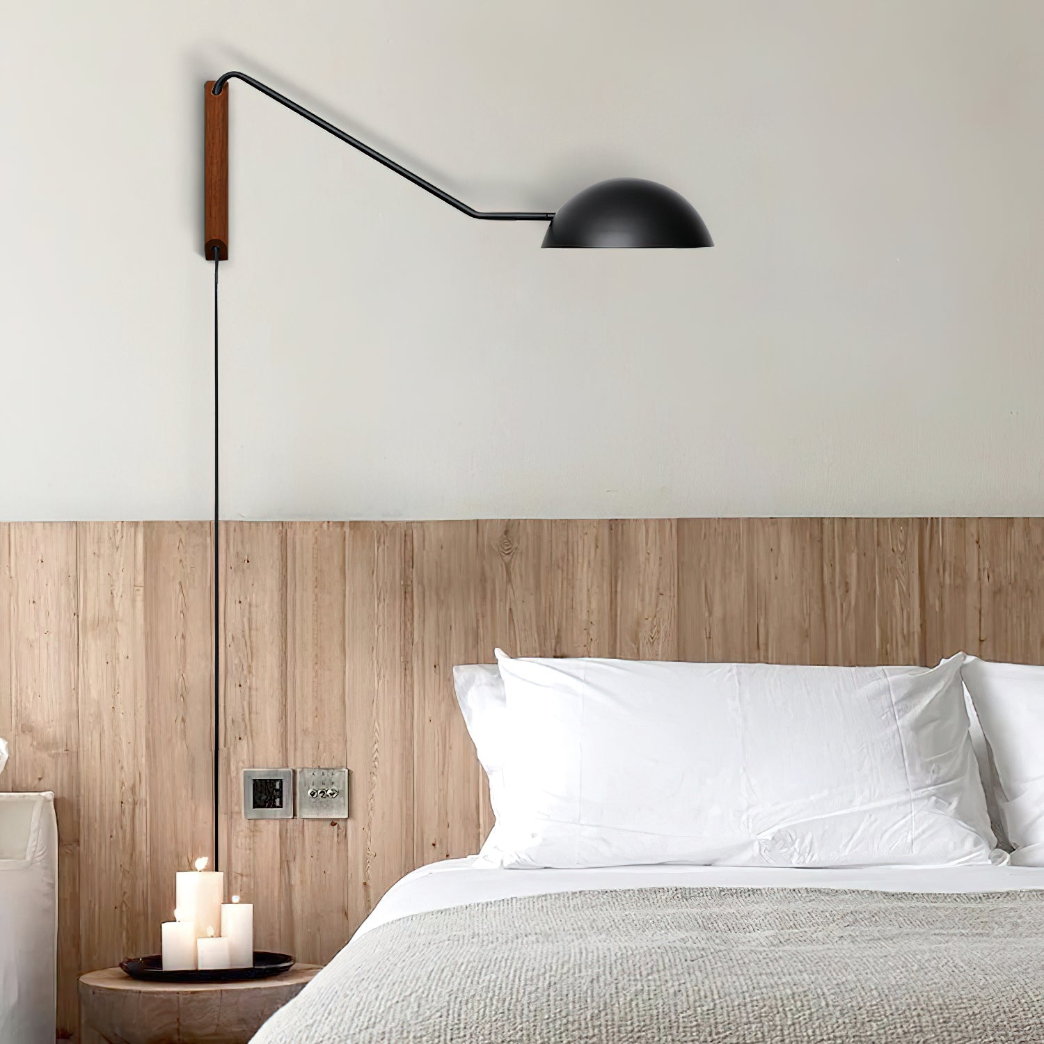 Adjustable Modern Swing Arm Wall Sconce with Dome Shade and Wooden Bracket Plug In Light