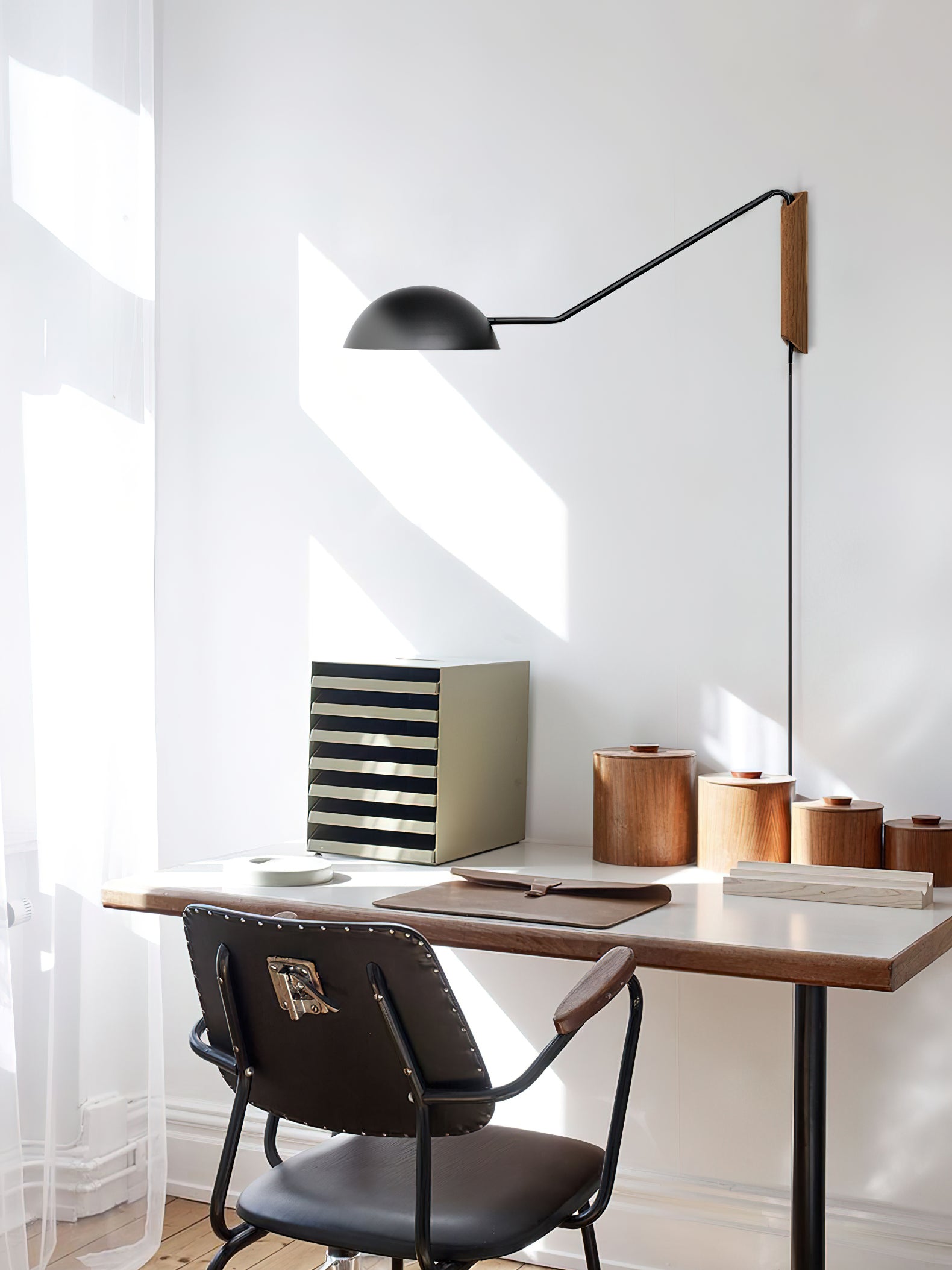Adjustable Modern Swing Arm Wall Sconce with Dome Shade and Wooden Bracket Plug In Light