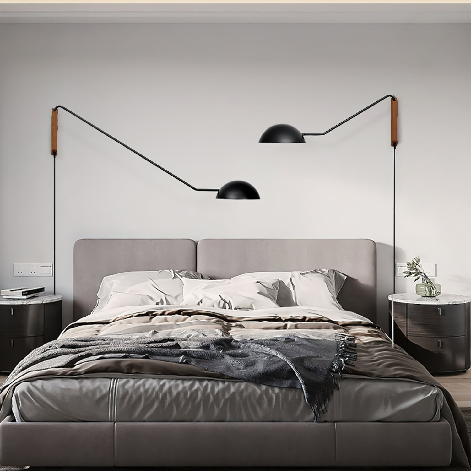 Adjustable Modern Swing Arm Wall Sconce with Dome Shade and Wooden Bracket Plug In Light