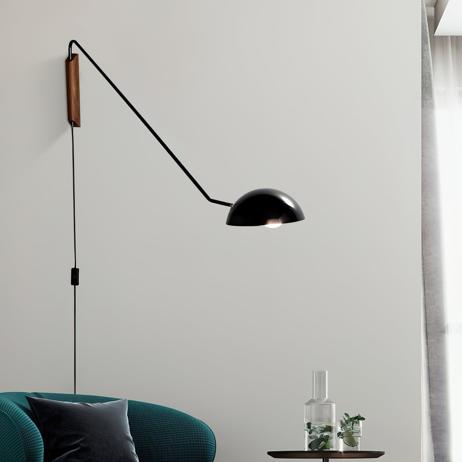 Adjustable Modern Swing Arm Wall Sconce with Dome Shade and Wooden Bracket Plug In Light