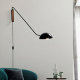 Adjustable Modern Swing Arm Wall Sconce with Dome Shade and Wooden Bracket Plug In Light