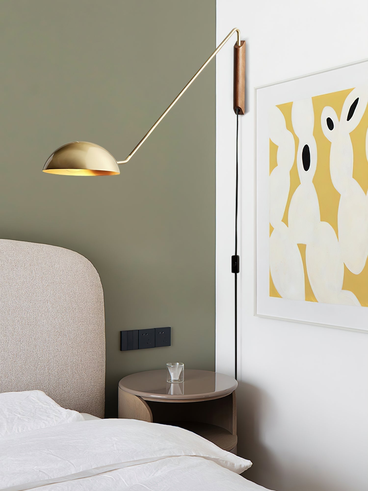 Adjustable Modern Swing Arm Wall Sconce with Dome Shade and Wooden Bracket Plug In Light