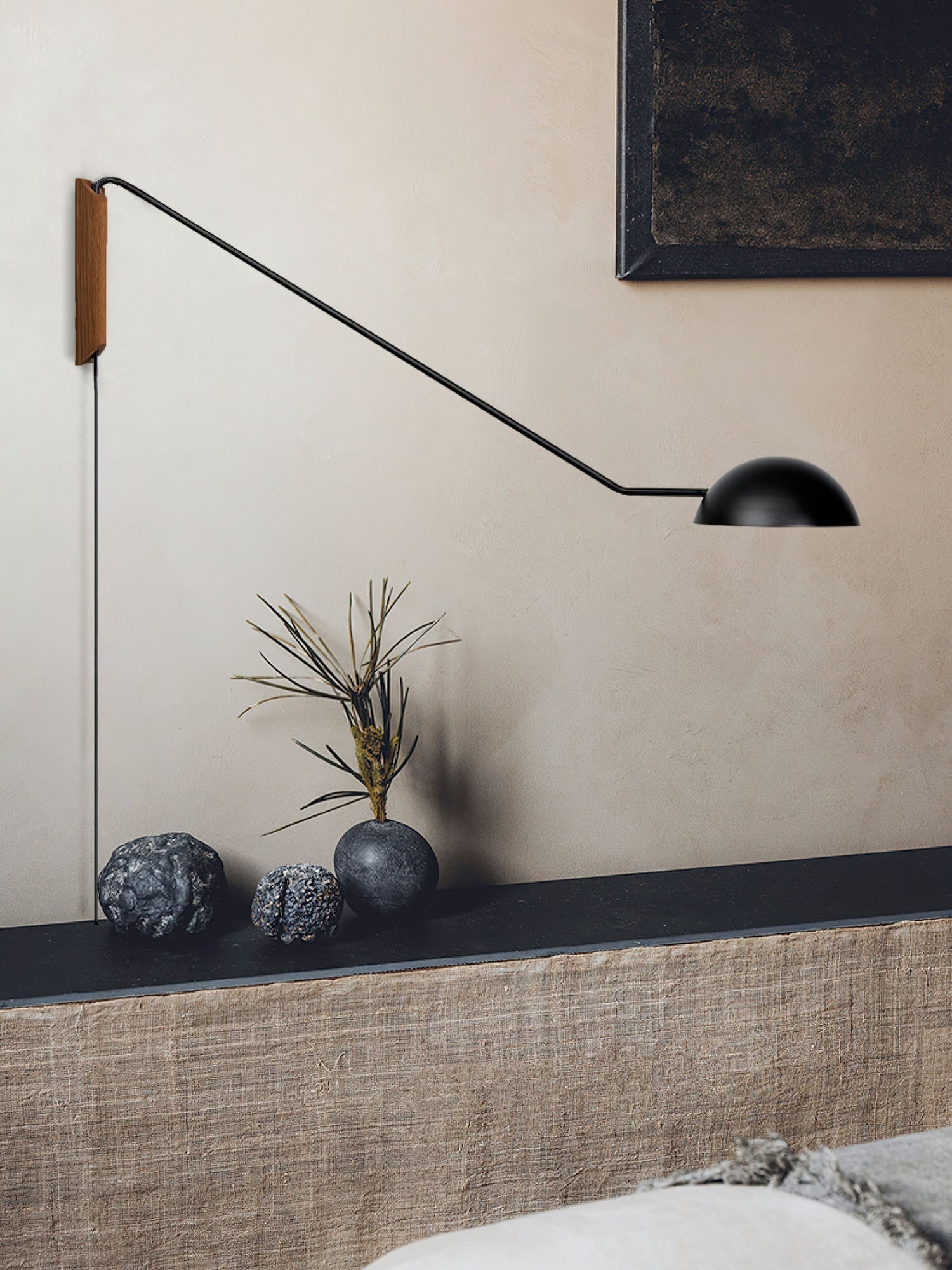 Adjustable Modern Swing Arm Wall Sconce with Dome Shade and Wooden Bracket Plug In Light